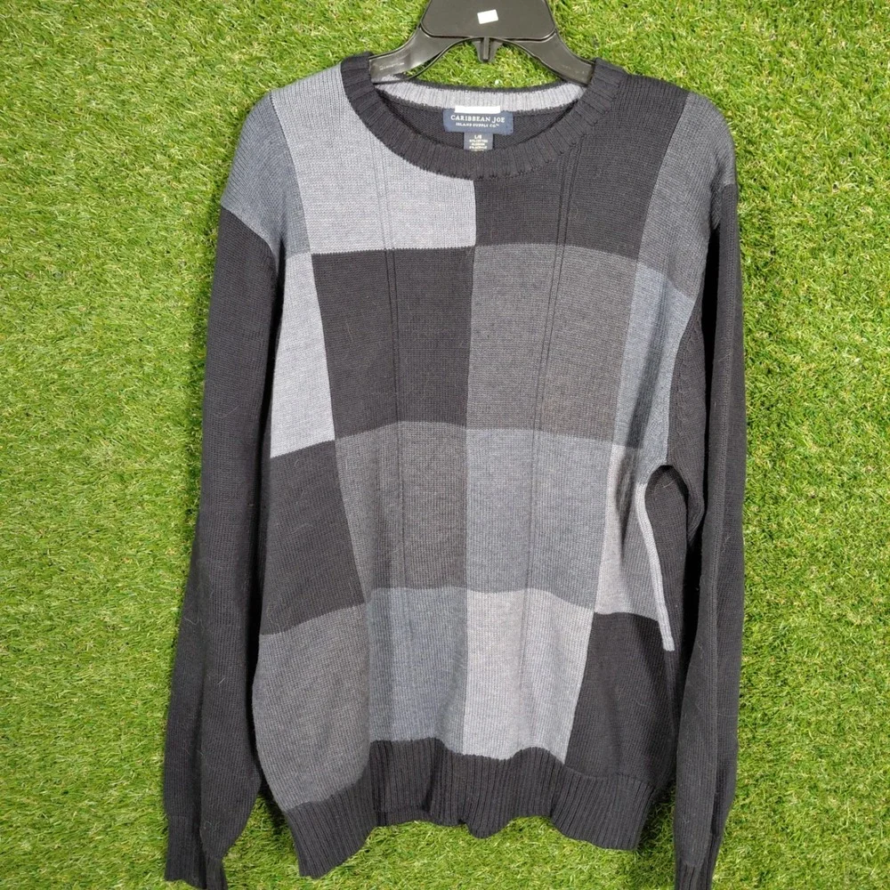 Caribbean Joe Island Supply Co. Mens‎ Checkered Sweater L/G Grey Black Knit